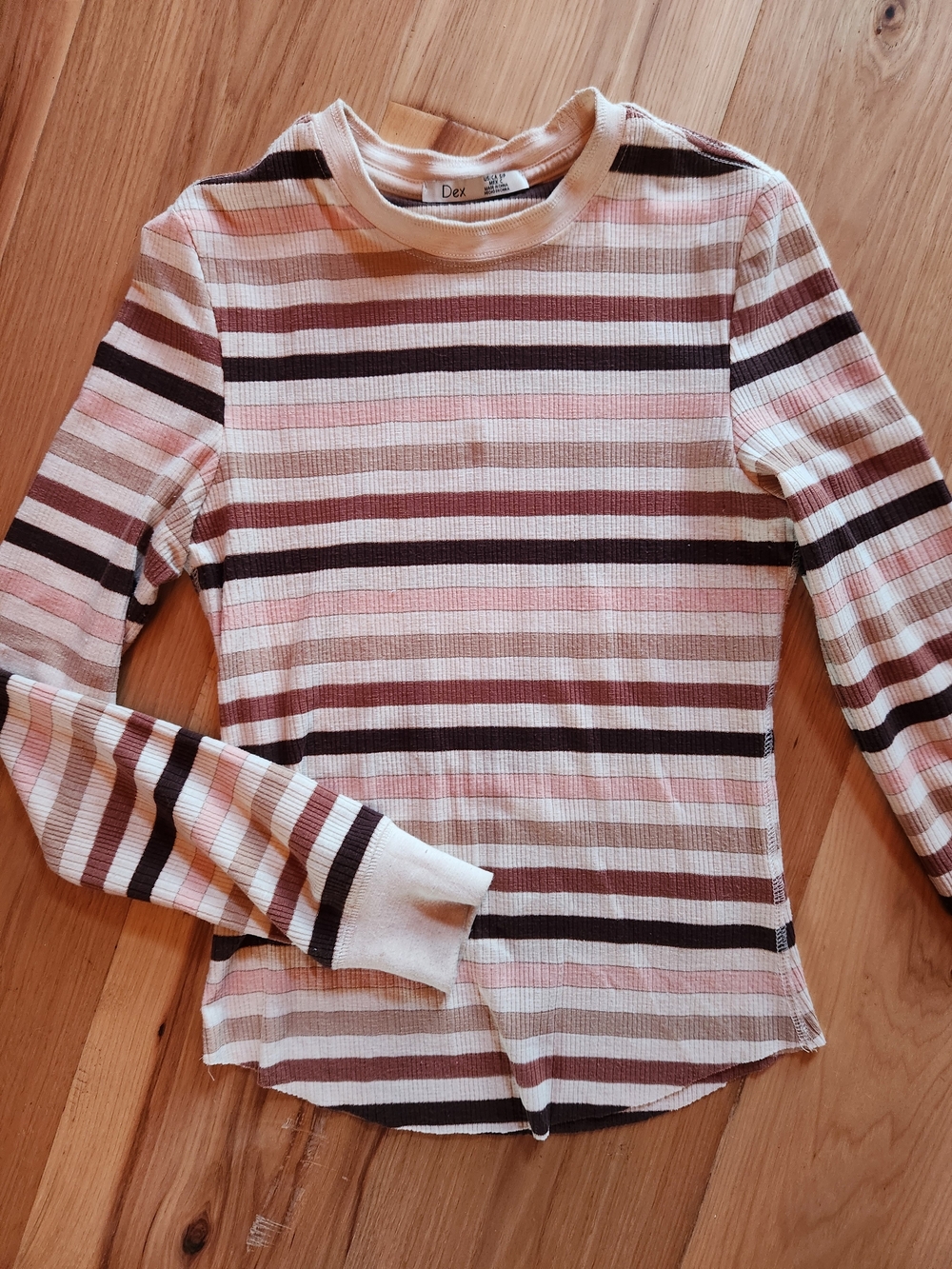 Dex Pink, Brown & Cream Striped Ribbed Long-Sleeve Tee